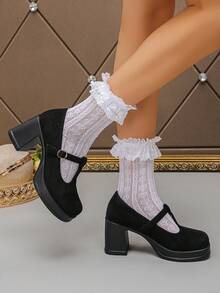 Sapatos Mary Jane vintage plus size femininos, novos sapatos sociais de salto grosso, estilo primavera/outono, simples, com salto baixo, de camurça preta e tiras, adequados para uso diário, trabalho, festas e ocasiões formais - Preto - Ver 4