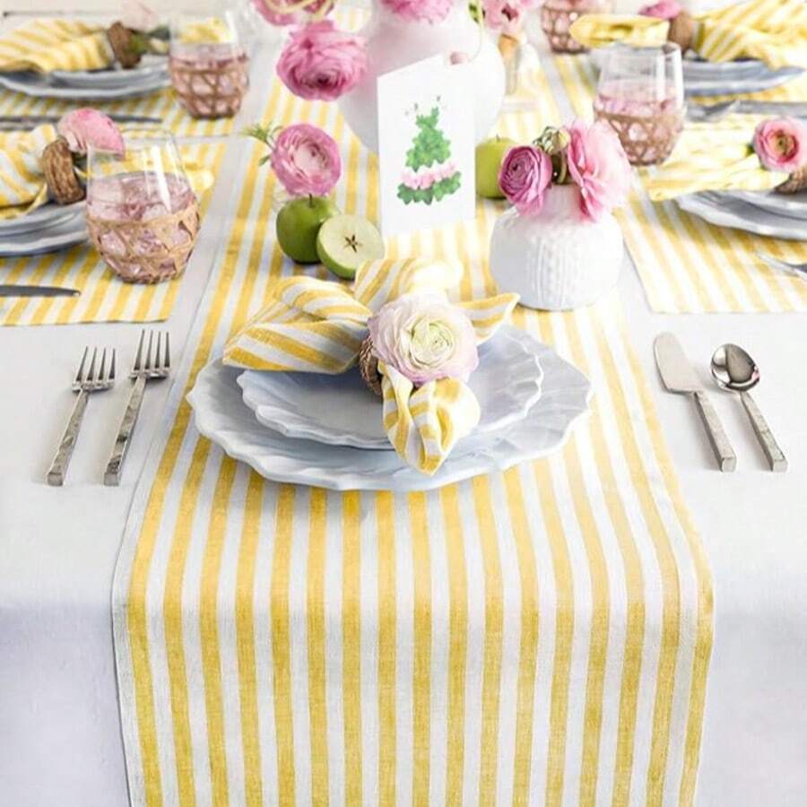 1pc Vibrant Yellow & White Striped Table Runner - Texture Polyester Rectangular Tablecloth For Dining Tables, Coffee Tables, Home Decor - Durable Kitchen & Restaurant Decorative Accent, Dining Table Decoration - Multicolor - View 1