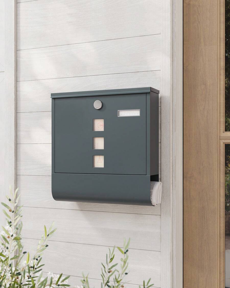 SONGMICS Boîte aux Lettres Murale, avec Serrure avec Couvercle Rotatif, Fenêtre de Visualisation, Porte-nom, Compartiment à Journaux, Montage Facile, 11 x 37 x 37 cm, Gris Anthracite - Vert olive - Voir 1