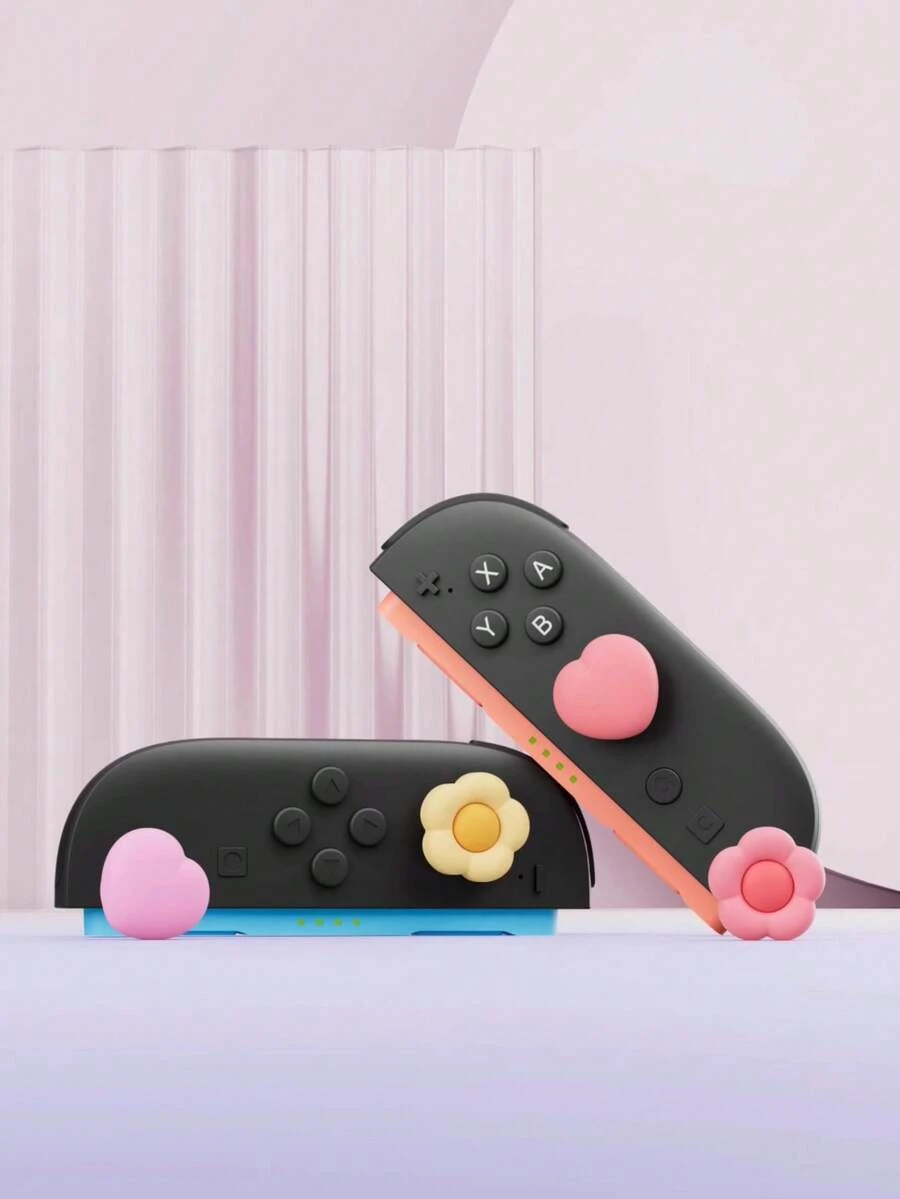 GeekShare Pink & Yellow Heart Shaped Flower Joy-Con Caps For 2 - Multicolor - View 1
