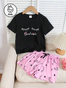 Set de 2 piezas de pijama informal para niñas con camiseta de manga corta y pantalones cortos: Ropa de casa con estampado de letras lindas, nueva llegada 2025, para niñas grandes
