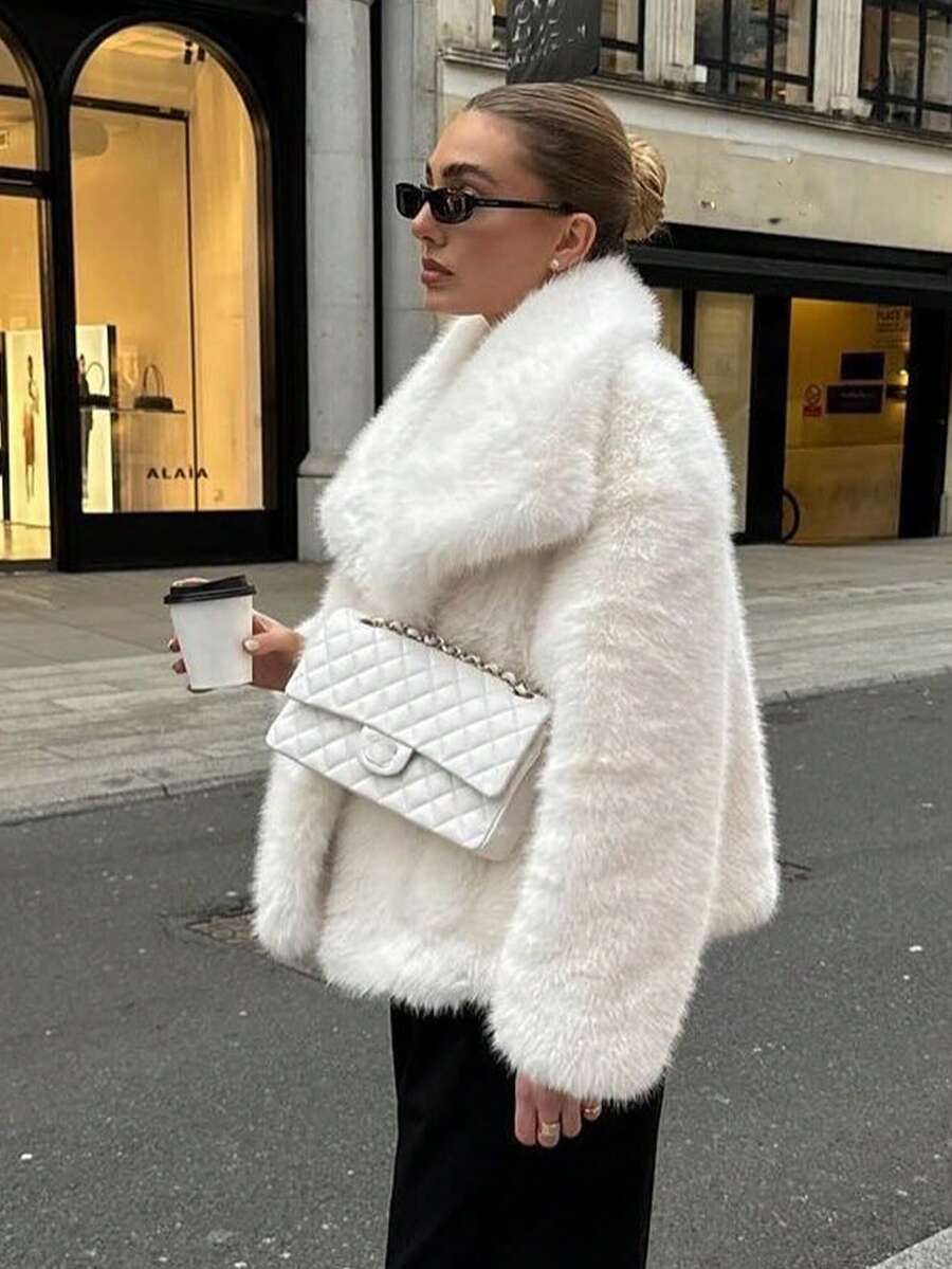 Women's Faux Fur Coat, Elegant Solid Color Lapel Long Sleeve Casual Loose Plus Size Winter Fashion Street Style Jacket