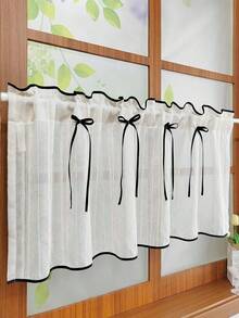 1 pieza, Panel corto de cortina decorativa con textura de lino rústico falso y lazo negro, versátil para cocina, armarios de comedor y entradas, de fácil cuidado y lavable, con filtrado de luz para decoración de estilo granja