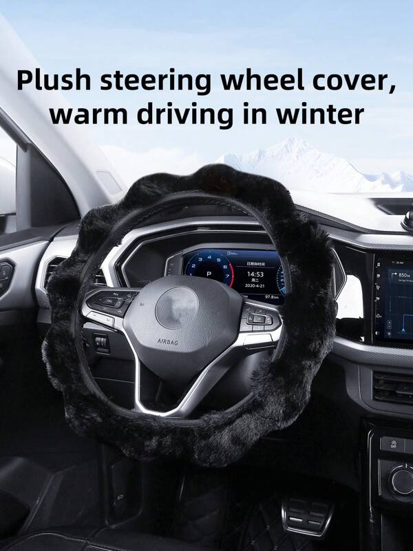 1pc Plush Car Steering Wheel Cover - Soft Warm Women's Winter Grip, No Inner Ring, Car Accessory
