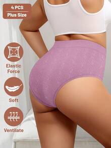 MEIYATING 4pcs Plus Size Women Cotton High Waist Seamless Panties, Jacquard Pattern, Comfortable Fit, Tummy Control - Multicolor - View 3