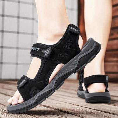 Men's Black Hook And Loop Beach Sports Sandals, Summer Vacation