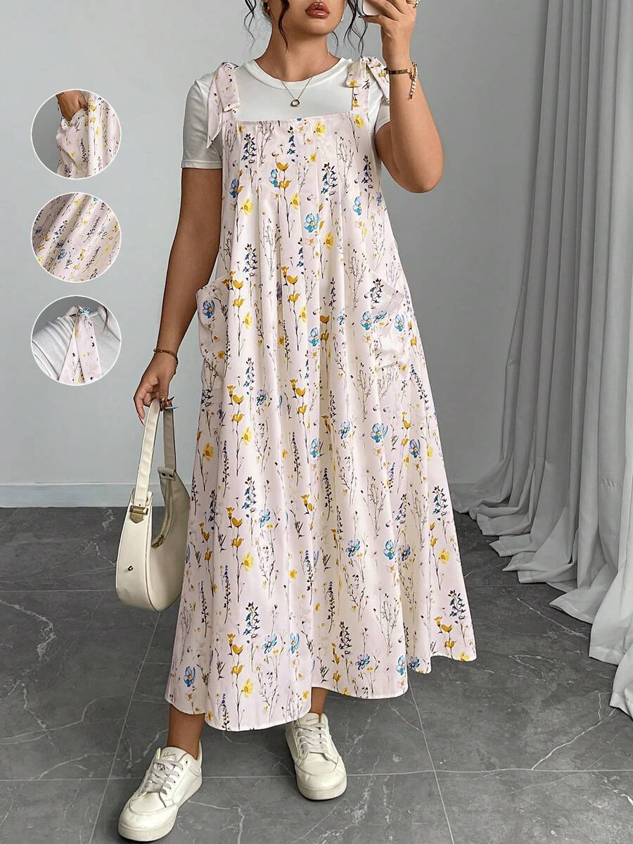 Plus Size Floral Print Women Double Pocket Strap Midi Dress - Pink - View 1