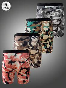 4 件套男士迷彩印花平角内裤套装，长款舒适弹力透气拳击短裤，适合慢跑、运动、健身，多色 - 彩色 - 查看 3