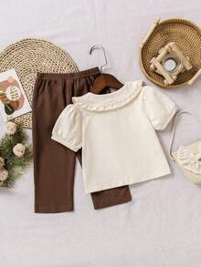 2pcs Girls Floral Embroidery Shirt And Straight Leg Pants Set, Pastoral Style Casual Outfit For Little Girls - Brown - View 2