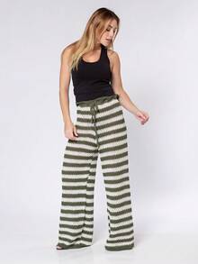 Women's Beach Cover-Up Pants, Crochet, Striped, Knitting, Summer Fashion - 軍綠色 - 查看 4
