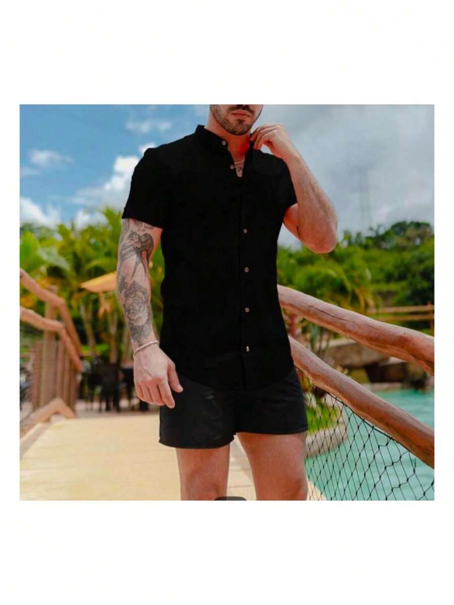Camisa Masculina Viscolinho Manga curta - Preto - Visão 1
