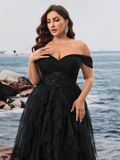 BluePlum Vestido de noche de línea A de lujo con hombros descubiertos, plisado, decoración de lentejuelas, estilo retro sexy tipo vendaje, longitud larga para fiesta, invitada de boda, talla grande, color negro