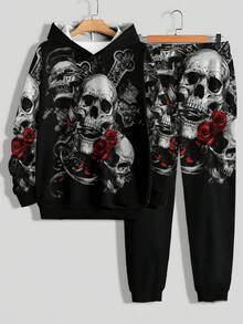 2pcs Halloween 3D Skull Print Men's Casual Hooded Long Sleeve Sweatshirt And Sweatpants Set, Suitable For Spring And Autumn,Fall Clothes