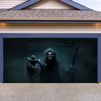 1pc 2d Flat Banner Halloween Garage Door Banner, Hanging Grim Reaper Decoration, Festive Patio Decoration Without Electricity, Featherless, Outdoor Festive Atmosphere