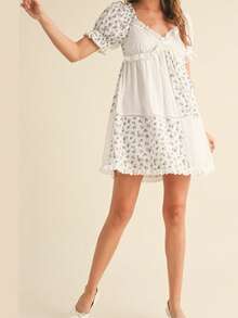 Women's Floral Print Maternity Dress Bow Tie Front Ruffled Trim V Neck Short Sleeve A-Line Mini Dress For Spring/Summer - White - View 6