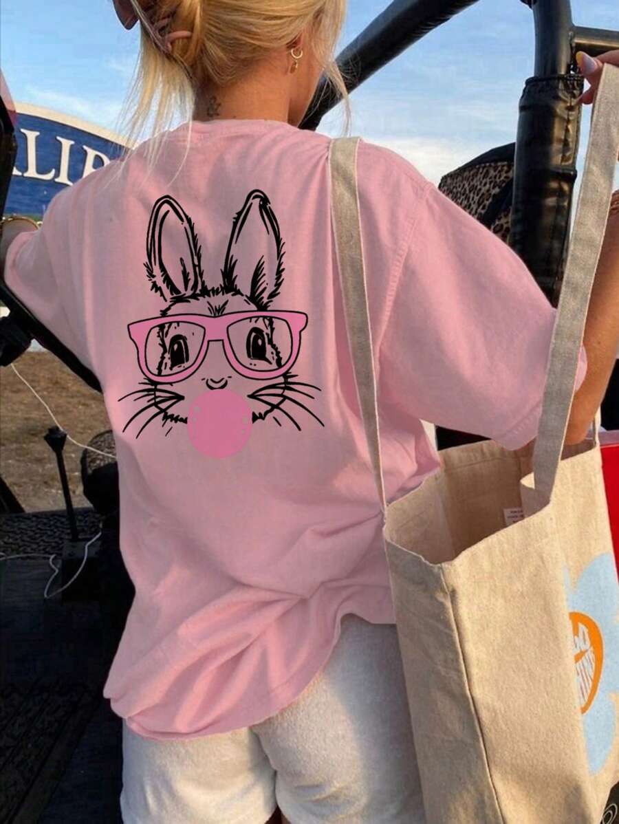 A Casual Printed Round Neck Pullover Short Sleeved T-Shirt For Girls And Boys, Designed For Summer Students And Young Children's Clothing - Cute, Glasses Wearing, Rabbit Animal Series, Artistic Style T-Shirt That Inspires Imagination And Self-Expression! Kids Clothes Girls Graphic Tees Summer Tops Tween Girl Clothes