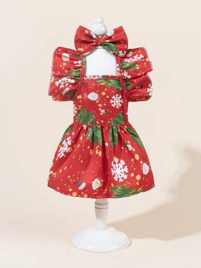 一套宠物薄纱礼服，带蝴蝶结，可爱印花宠物婚纱，弹力网纱公主裙，适合猫狗