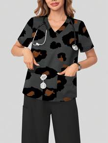 cimmuovere Women's V-Neck Loose Short Sleeve Leopard Print Double Pocket Scrubs Nurse Scrubs Workwear Dentist Healthcare Pet Hospital Laboratory Top