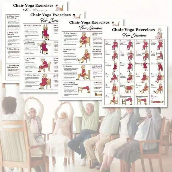 4pcs Yoga Exercise Charts For Seniors, Suitable For Beginners And Elderly, Yoga Practice Guide, Flexibility Training, Challenging Exercises, Chair Yoga Fitness Charts,For School Supplies,Back To School