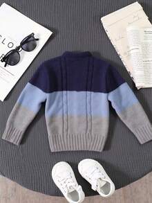 Suéter infantil color-block azul marino y gris | Punto trenzado, cuello redondo, manga larga - Azul Marino - Ver 5