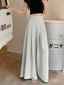 Pantalones de pierna ancha de mujer plisados de talle alto drapeados slim pantalones de traje casual - Azul - Ver 4