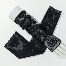 1 双女士花卉印花优雅网眼袖套，适合婚纱和正式服装装饰 - 黑色-123 - 查看 3