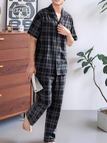 Men's Spring/Summer Lightweight Pajama Set, Collared Button Pocket Contrasting Grid Print Short Sleeve Top & Long Pants, Casual Comfort Homewear - Multicolor - View 7