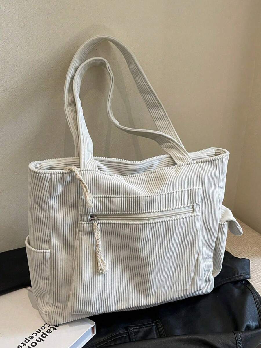 1个字母贴布装饰纯色大容量灯芯绒单肩手提包，多口袋购物袋，适合上学、大学必备，完美搭配女士秋季服装