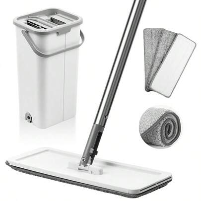Household Cleaning Mop And Bucket Set, Hands-Free Flat Mop, 64" Adjustable Extension Handle With 3 Replacement Mop Heads, Wet And Dry Mop Set, Washable Microfiber Pads For Kitchen, Bathroom, Bedroom And Living Room Floors, Floor Cleaning System