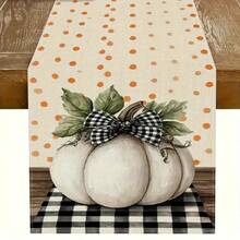 1pc Autumn Gratitude Sister Theme Table Runner - Pumpkin With Green Leaves And Black Grid Design, Suitable For Holiday Parties, Kitchen Dining, Home Decoration, Durable Polyester Material Holiday Table Decoration, Holiday Table Decoration, Autumn Harvest Theme Decoration, Bow Decoration, Autumn And Thanksgiving Decoration.