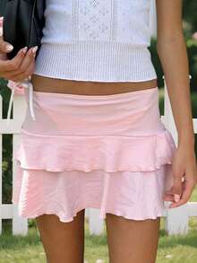 Layered Ruffle Mini Skirt For Women Summer Dots/Stripe/Heart Print/Solid Color High Waist Short Skirts - 藕粉色 - 查看 6