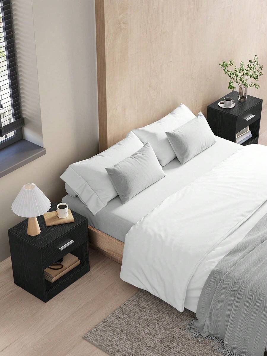 Bedside Tables, Set Of 2, Side Table With Drawer, Handle, Open Compartment, End Table, For Bedroom, Living Room, Classic Black - Black - View 1
