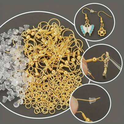 300pcs Low Allergy Golden DIY Earring Findings Set, Including 100pcs Fish Hook Earring Hooks, 100pcs Clear Silicone Ear Backs, And 100pcs Jump Rings, Suitable For Jewelry Making, Earring Hooks, Bullet Clutch Earring Backs, Open Jump Rings, Pendant Necklace Connectors, Earring Hooks And Closed Earring Hoops