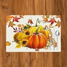 1 pieza/4 piezas/6 piezas Manteles individuales de lino con estampado de calabaza, decoración de Acción de Gracias, adecuados para mesa de comedor, todo el año, manteles de mesa modernos lavables, decoración del hogar, manteles individuales, posavasos, alfombrillas de cocina y comedor, decoraciones de fiesta interior y exterior, regalo ideal