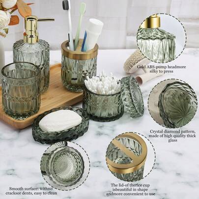 Green Bathroom Accessories Set, 5 Pcs Glass Bathroom Accessories With Lotion Soap Dispenser, Soap Dish, Toothbrush Holder, Tumbler, Cotton Swab Jars, Perfect For Bathroom Theme Gift
