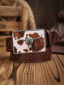 1 件男女通用波西米亚西部风格金属扣复古深棕色 PU 皮带，适合休闲和个性化搭配（含打孔器）