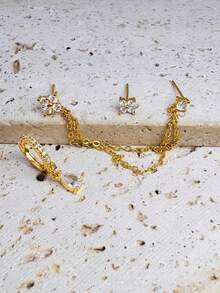 3 件水滴形锆石环状花链耳钉可堆叠耳环，适合女士，14K 镀金优雅小巧 CZ 耳环堆叠，防过敏，适用于耳垂、耳轮软骨，女士多孔穿孔首饰