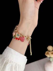 1条金色草莓郁金香心形智能手表表带,兼容Ultra/SE/11/10/9/8/7/5/4/3/2/1系列以及Ultra2/Ultra/SE/38/41/42/44/45/46/49mm,时尚女士手链配饰,送给女友和朋友的最佳礼物,佩戴舒适,仅含表带,不含手表和表壳。 - 金色 - 查看 5