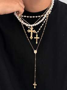 4 Stücke Vintage Punk Stil Metall Kreuz Anhänger Y-Kette, Herren Hip Hop Mode Faux Perlen Mehrschichtige Perlenkette Set - Goldgelb - Übersicht 15