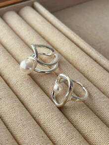 2pcs Pearl Rings Set For Women Couples New Elegant Creative Hollow Geometry Handmade Birthday Party Rings Jewelry Gifts - Silver - View 2