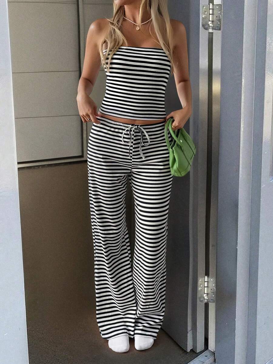 Vaiaye 女式夏季性感条纹针织休闲露肩上衣和休闲版型腰带裤，适合日常穿着