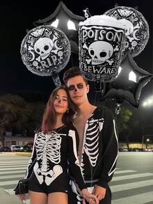 5 件万圣节套装，包含毒药、五角星、骷髅铝箔气球，适用于万圣节和亡灵节派对装饰、一般万圣节装饰、室内/室外派对、鬼屋、密室逃脱、节日装饰、万圣节气球 - 黑色 - 查看 7