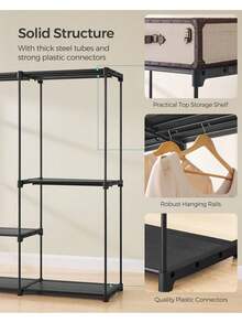 Clothes Wardrobe, Portable Closet, Open Storage Wardrobe, Clothes Garment Rack, 205 X 43 X 166 Cm, 5 Hanging Rods And Shelves, For Bedroom, Living Room, Laundry Room, Ink Black - 黑色 - 查看 4