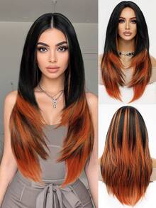 Tóc giả thẳng dài màu cam nổi bật màu đen thanh lịch dài 26 inch, thiết kế nhiều lớp, chân thực và tự nhiên, dễ chăm sóc, tóc giả dự tiệc hàng ngày dành cho phụ nữ, tóc giả nhập vai Halloween, sợi tổng hợp chịu nhiệt, phù hợp với mọi chủng tộc, tạo kiểu đa năng - trái cam - Xem 2