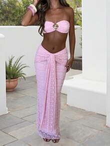 Women Summer Outfits Cute Shells Crop Bandeau Tops and Elastic Tie Front Skirt Set for Streetwear Aesthetic Clothes - Rosa - Ver 4