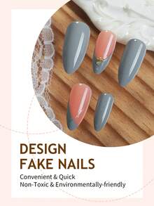 24片法式美甲贴纸，中杏仁形，金色线条装饰，3D水钻点缀，简约风格，光滑表面，全覆盖假指甲，适合女性和女孩日常佩戴的美甲用品 - 彩色 - 查看 3