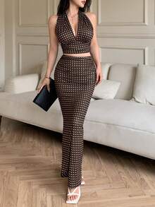 abyoxi ABYOXI Autumn New Product Brown Polka Dots Sexy Deep V-Neck Bareback Strap Short Tank Top And Slim Fold Side Seam Long Dress, Fashionable Two Pieces Set