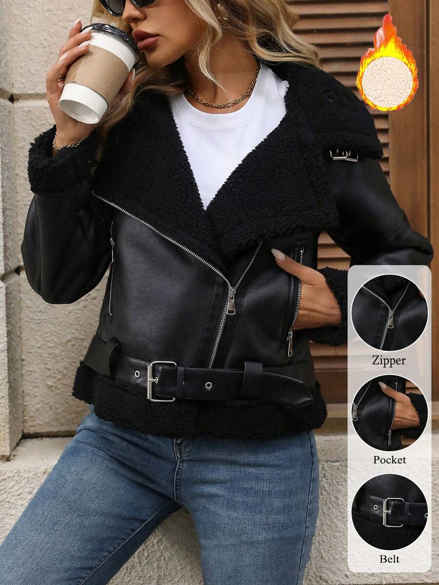 Chaqueta de aviador corta de piel sintética con forro de borreguito, color negro, para primavera