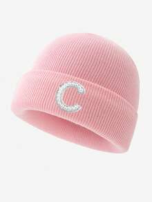 1pc Women's Fashion 26 Faux Pearl Letter Decor Elastic Warm Knit Hat, Outdoor Cold-Proof Cap, Suitable For Autumn/Winter Daily Wear, Matching, Great Gift Autumn Accessories - Pink - View 4