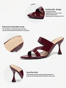 Women's High Heels, Fashionable For Spring/Summer Parties, Outdoor Events, Elegant Banquets. Featuring Pointed Toe, Sparkling Z-Strap Design, Soft Mirror-Finish Material, Comfortable Slip-On Mule Style, Versatile For Formal, Casual, Travel Wear. Available In Burgundy Color. - Burgundy - View 4